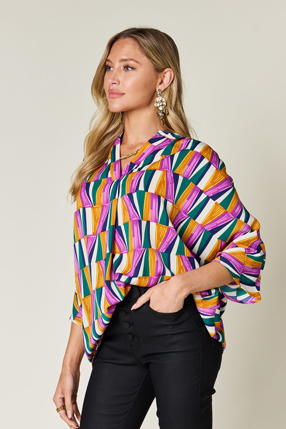 Double Take Full Size Geometric Notched Dolman Sleeve Top Purple