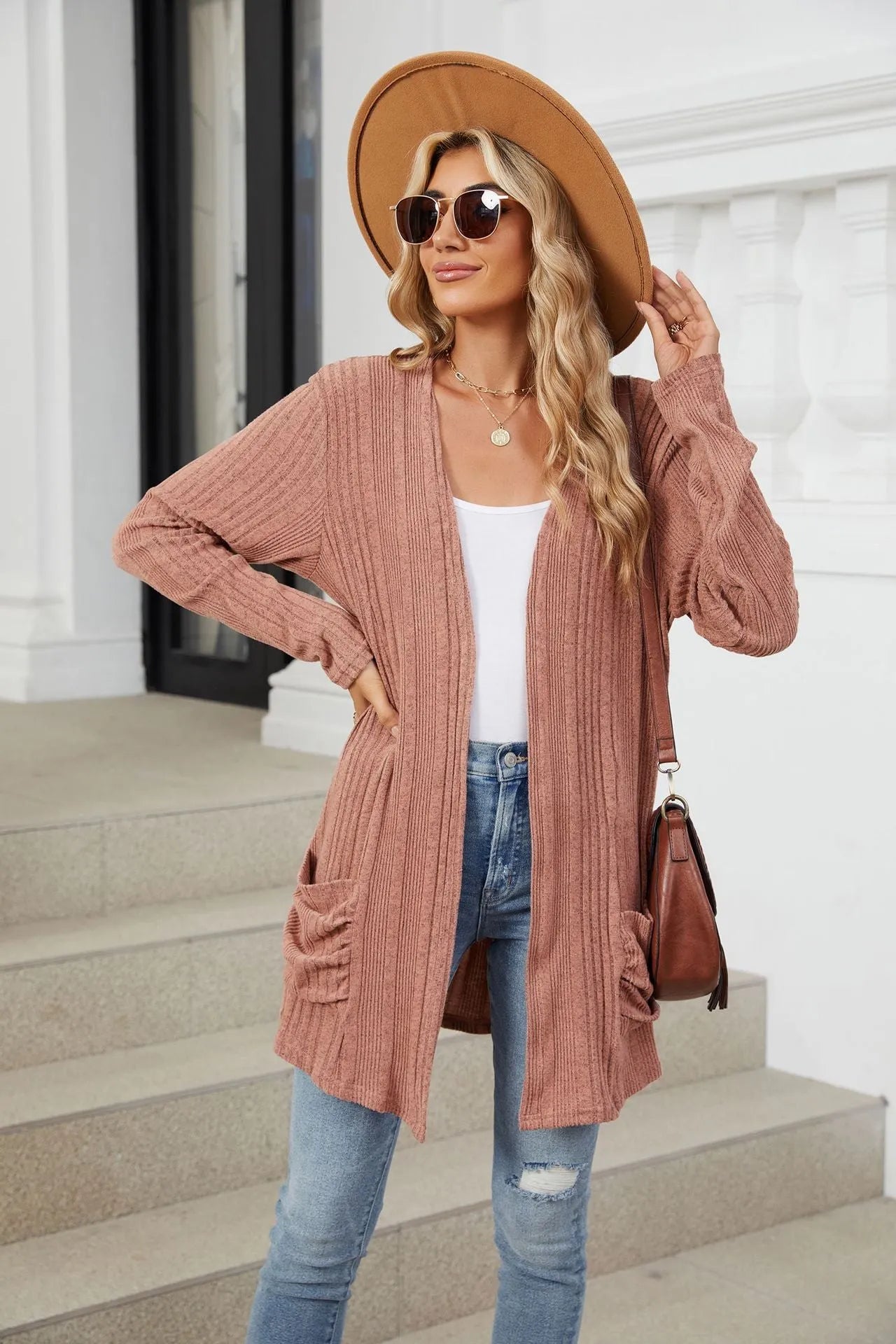 Pocketed Open Front Long Sleeve Cardigan Burnt Coral