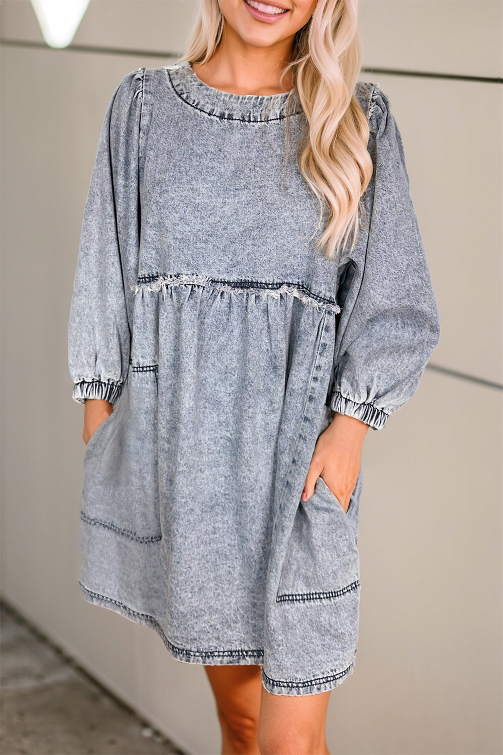 Round Neck Long Sleeve Denim Dress Gray