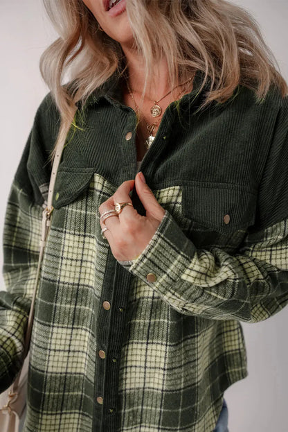 Plaid Button Up Long Sleeve Jacket Dark Green