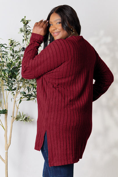 Basic Bae Full Size Ribbed Round Neck Long Sleeve Slit Top Burgundy