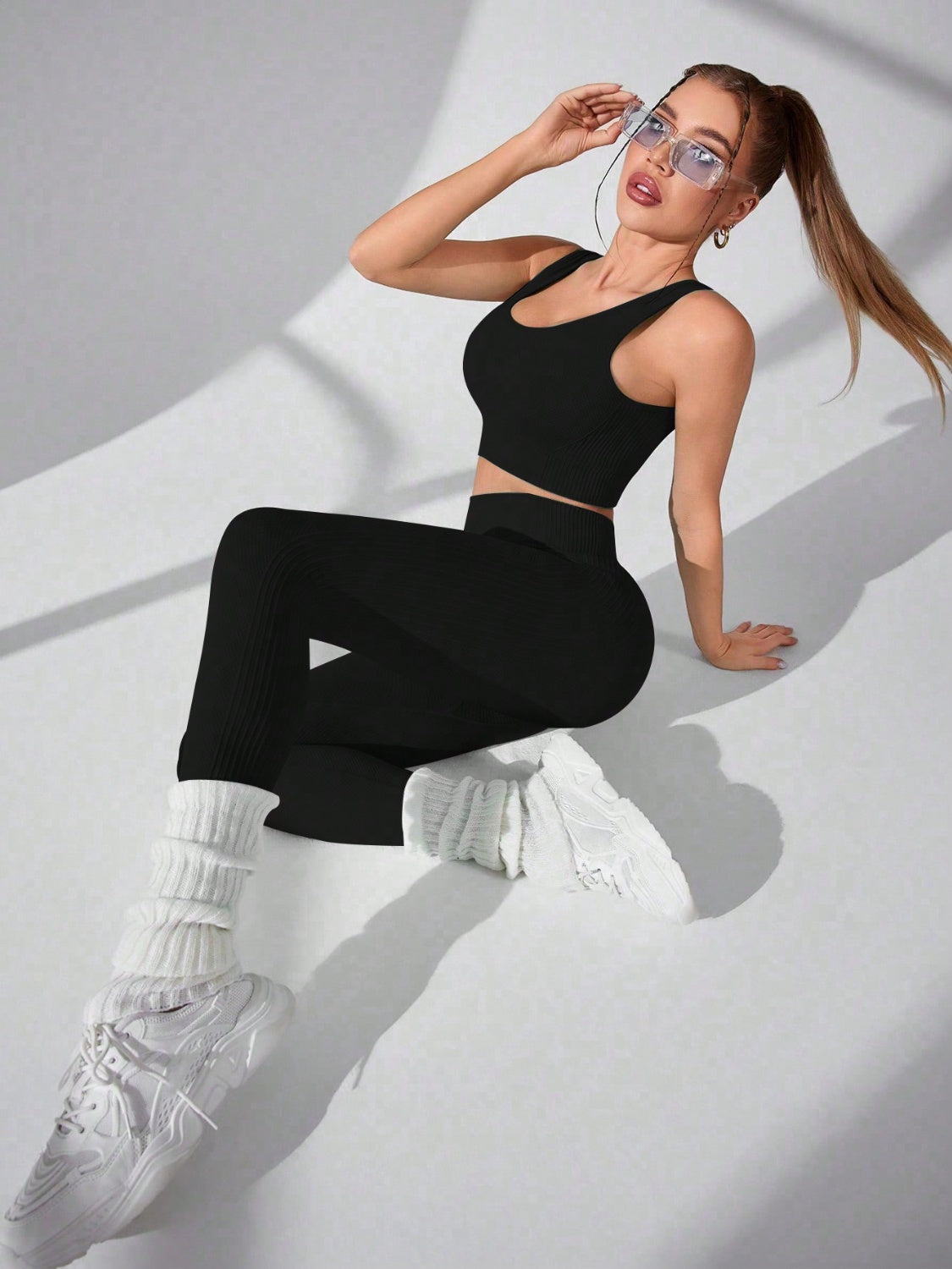 Scoop Neck Wide Strap Top and Pants Active Set Black