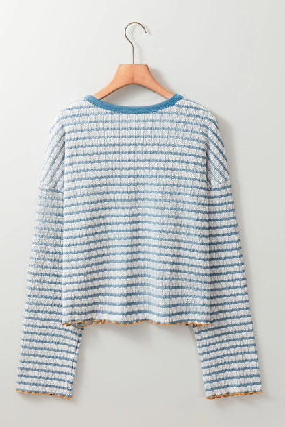 Striped Round Neck Dropped Shoulder Long Sleeve Top Dusty Blue