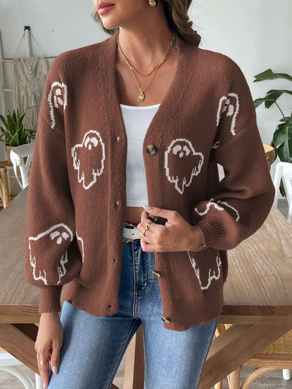 V-Neck Dropped Shoulder Cardigan Brown