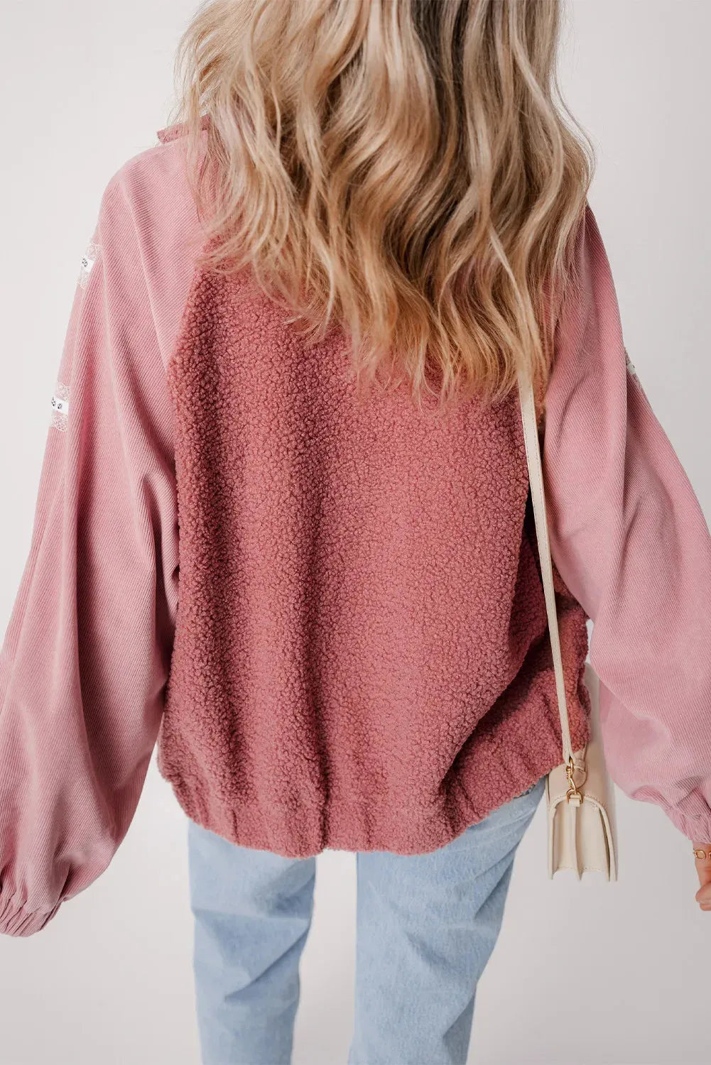 Fuzzy Lace Detail Zip Up Long Sleeve Jacket Dusty Pink