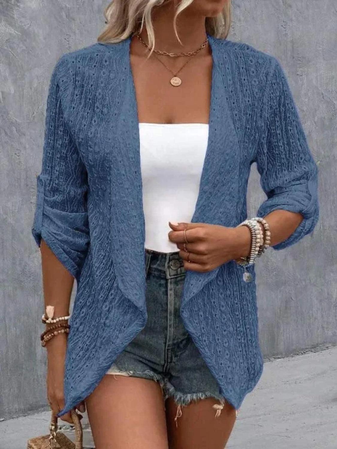 Eyelet Roll-Tab Sleeve Cardigan Dusty Blue