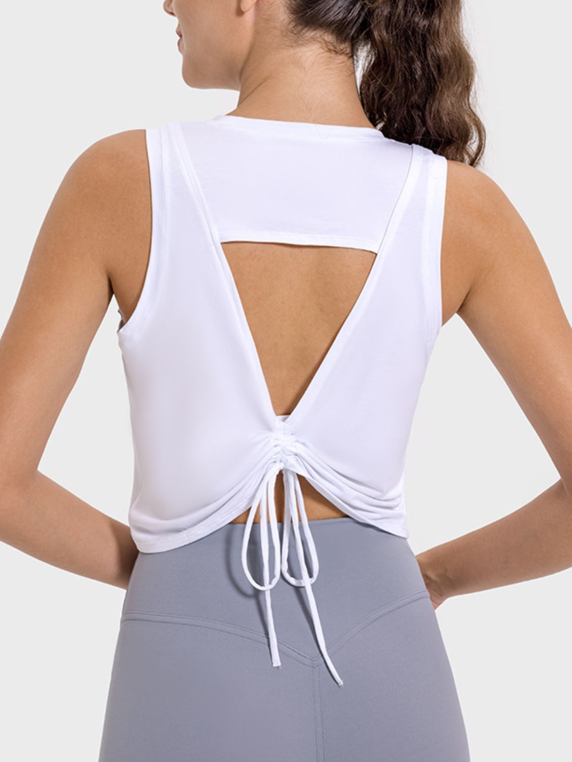 Drawstring Cutout Round Neck Active Tank White