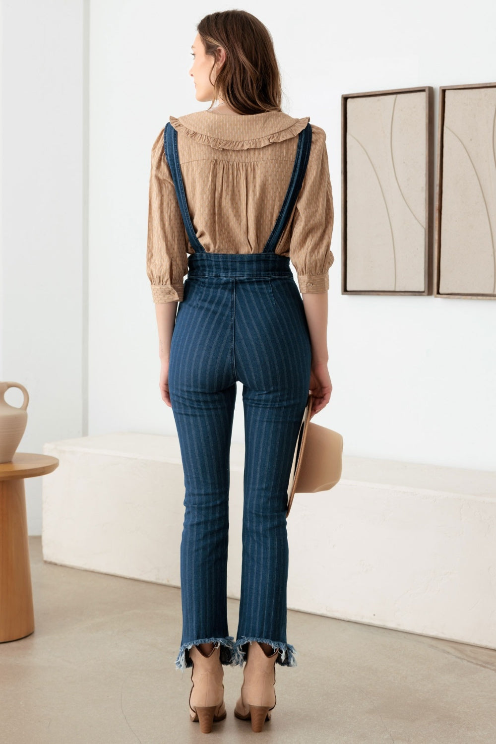 Litz La Striped Stretched Suspender Denim Overalls Dark Denim