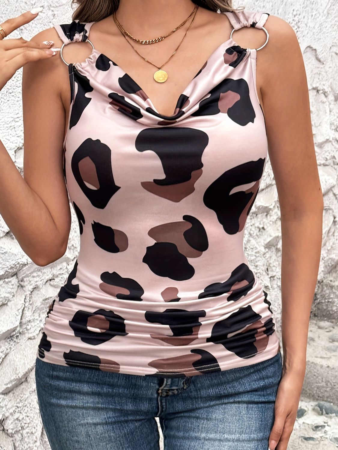 Leopard Cowl Neck Wide Strap Top Blush Pink