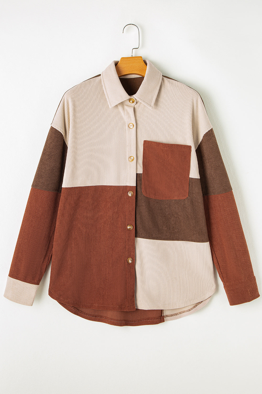 Color Block Long Sleeve Shacket Brown