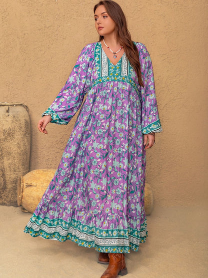 Plus Size Printed V-Neck Long Sleeve Maxi Dress Mauve