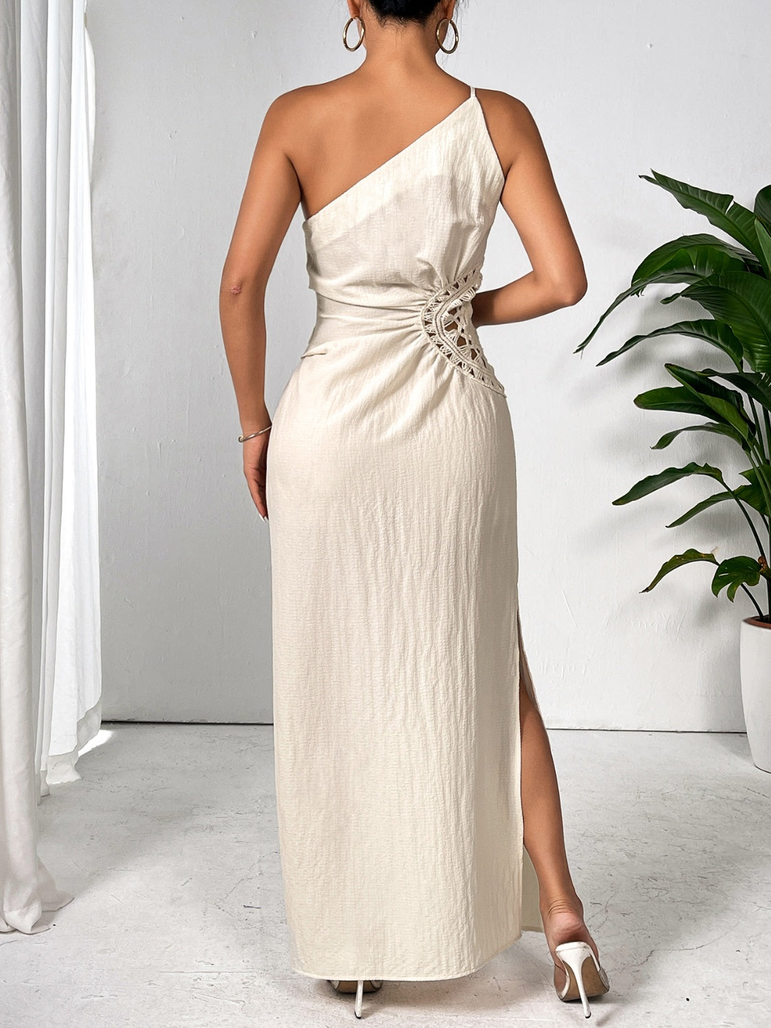 Honey Slit One Shoulder Sleeveless Maxi Dress Beige