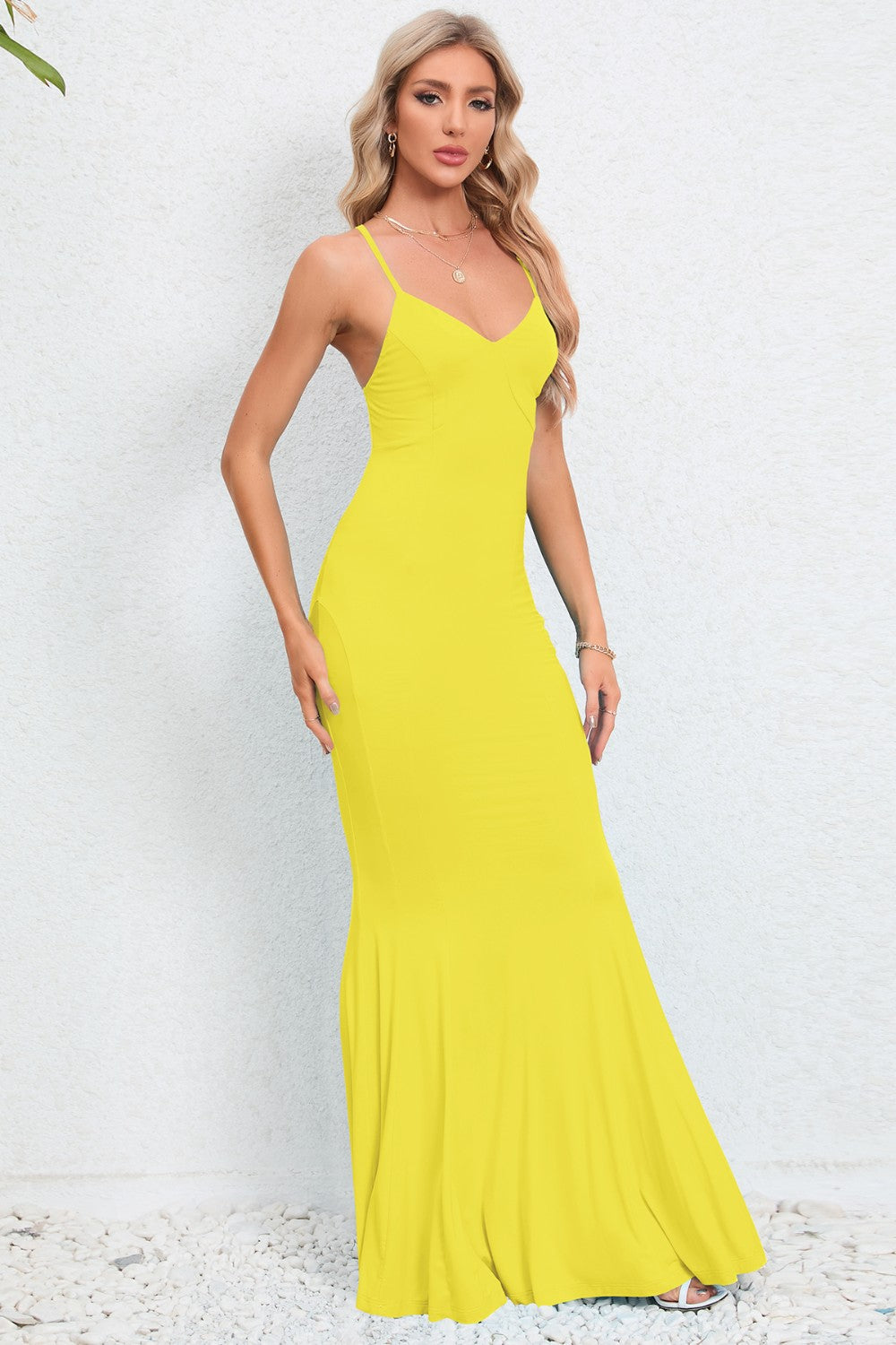 Crisscross Spaghetti Strap Fishtail Dress Yellow