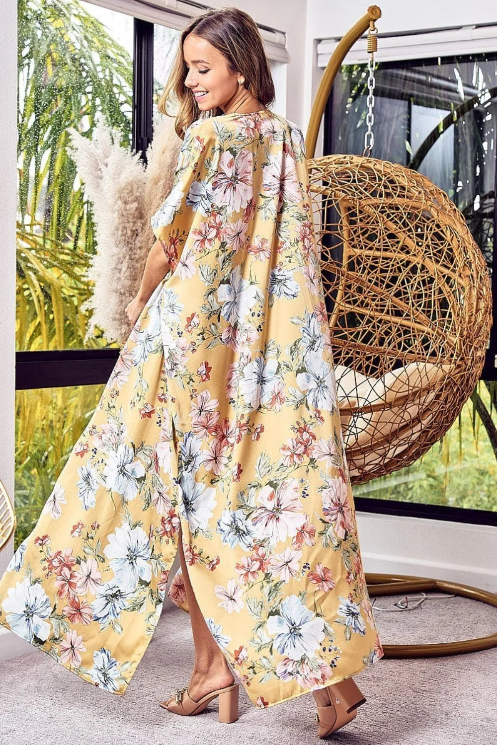 BiBi Floral Side Slit Longline Cardigan Mustard