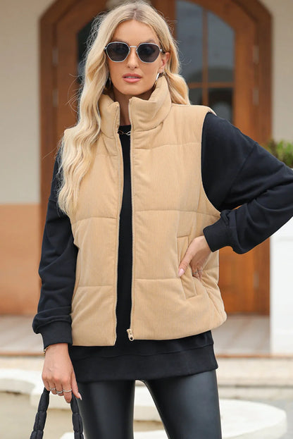 Pocketed Zip Up Turtleneck Vest Coat Tan