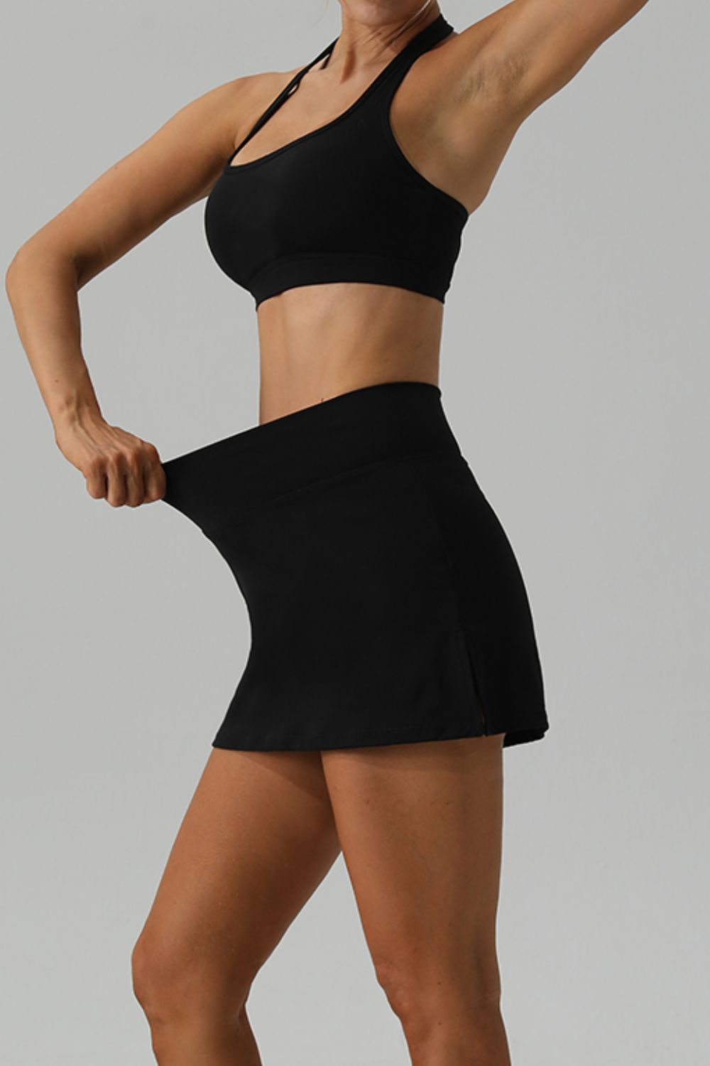 Halter Neck Tank and Slit Skirt Active Set Black