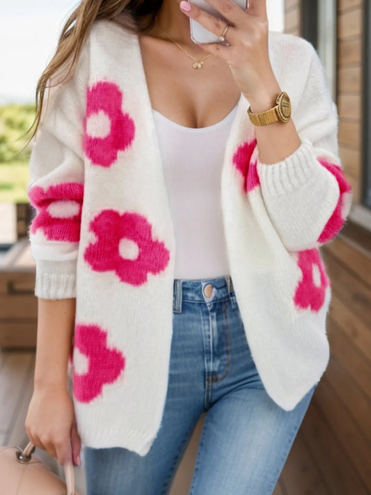 Flower Open Front Long Sleeve Cardigan White