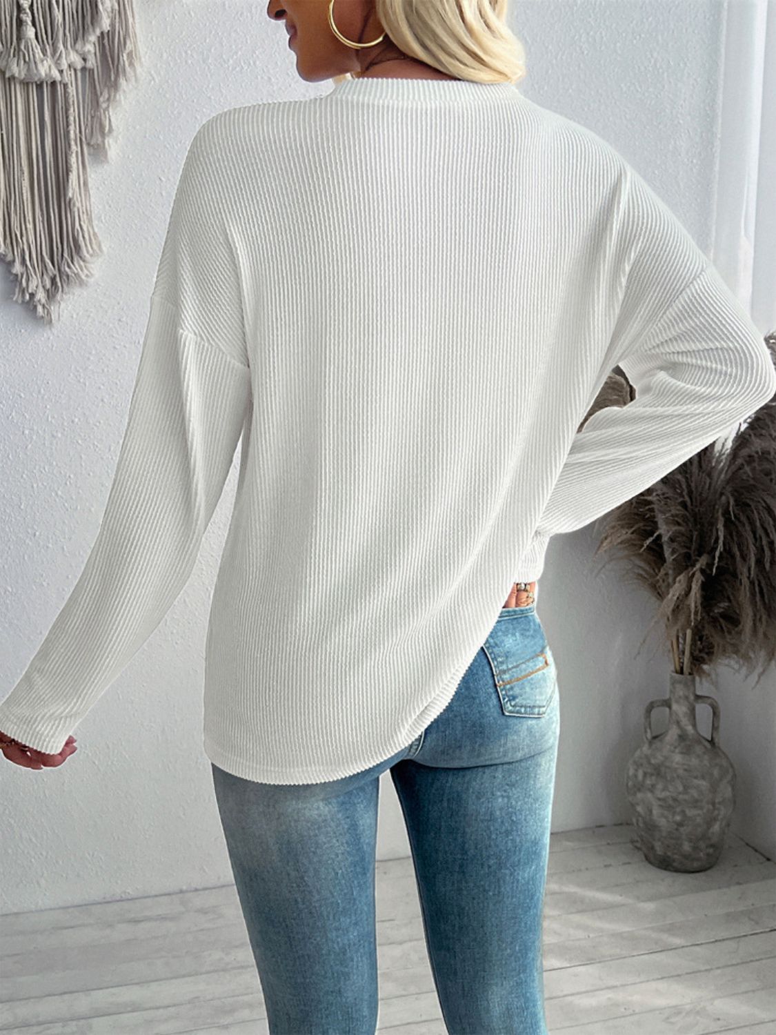 Double Take Pocketed Textured V-Neck Long Sleeve T-Shirt White