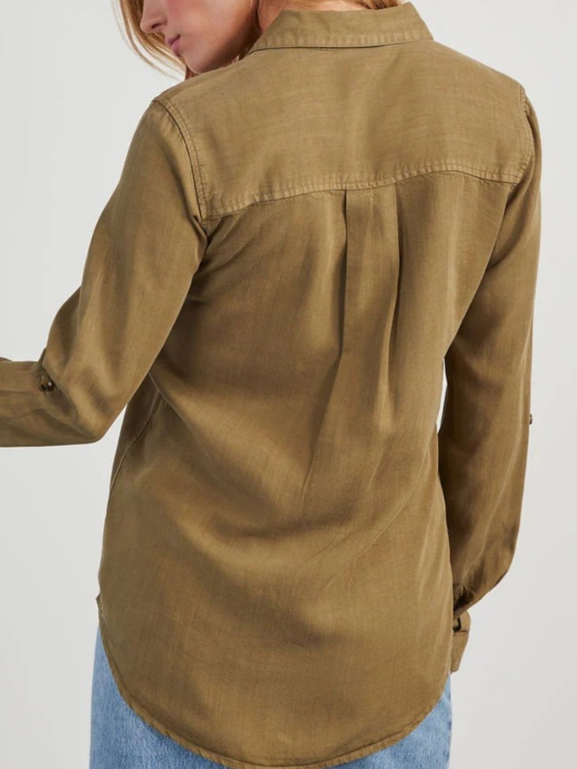 Collared Neck Roll-Tab Sleeve Denim Top Olive Brown