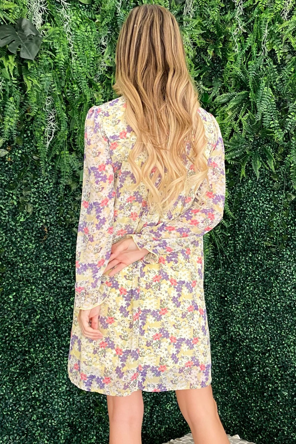 And The Why Floral Mock Neck Flounce Sleeve Dress Lemon