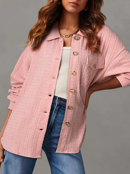 Textured Button Up Long Sleeve Shacket Blush Pink