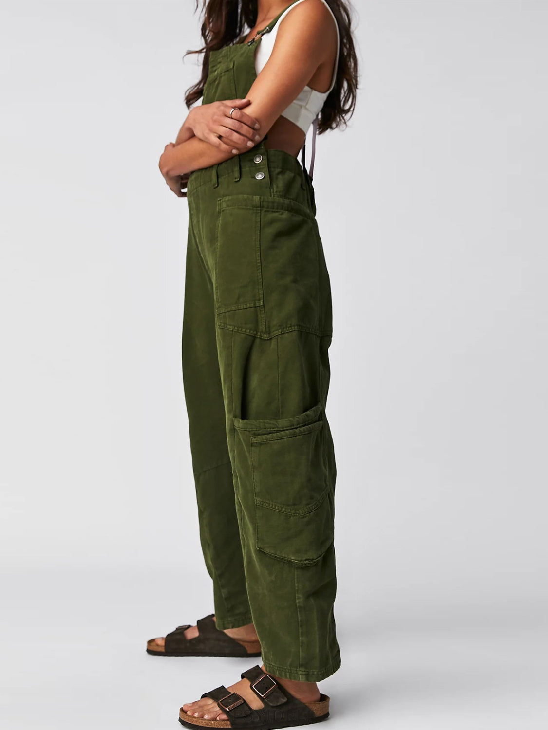 Pocketed Wide Strap Denim Overalls Army Green