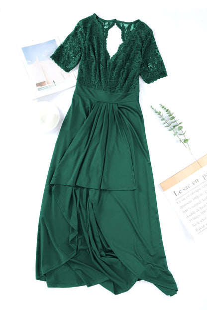 Lace Cutout V-Neck Short Sleeve Dress Dark Green