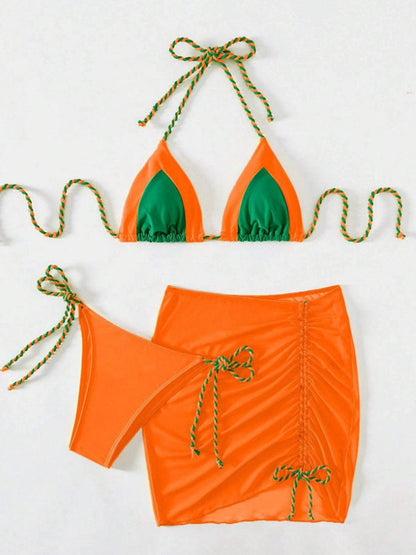 Contrast Tied Three-Piece Swim Set Caramel