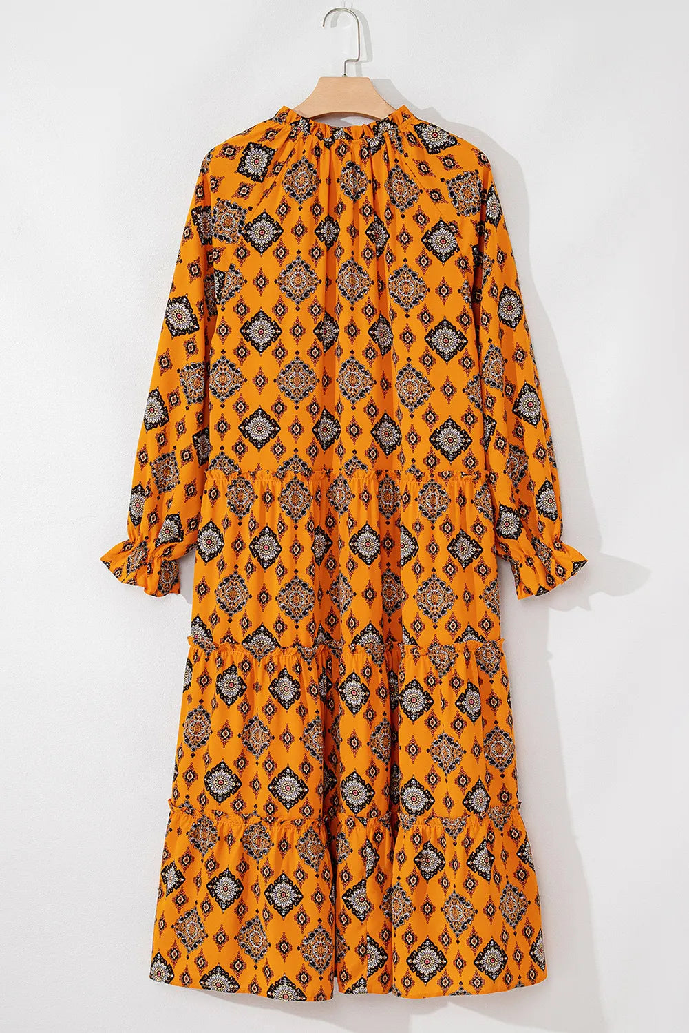 Frill Printed Tie Neck Long Sleeve Dress Orange