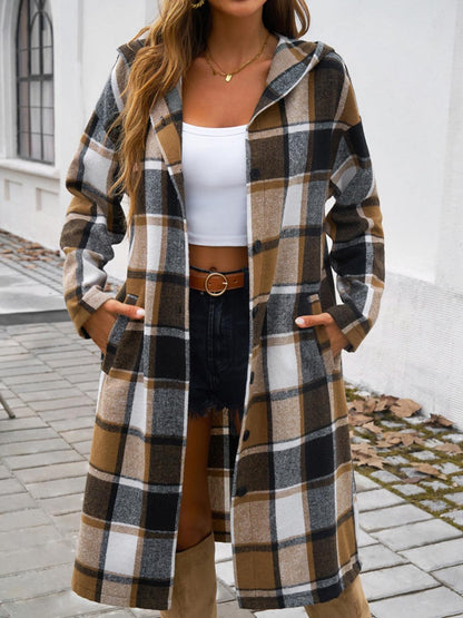 Plaid Long Sleeve Hooded Coat Taupe