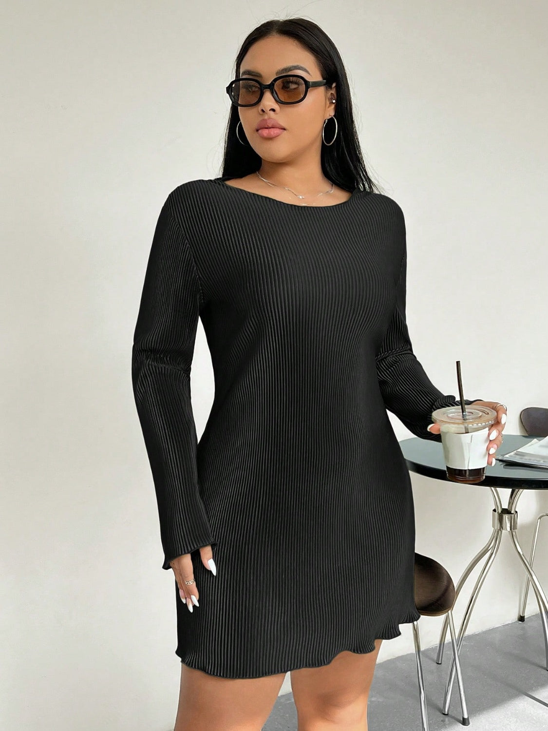 Honey Plus Size Lettuce Hem Round Neck Long Sleeve Dress Black