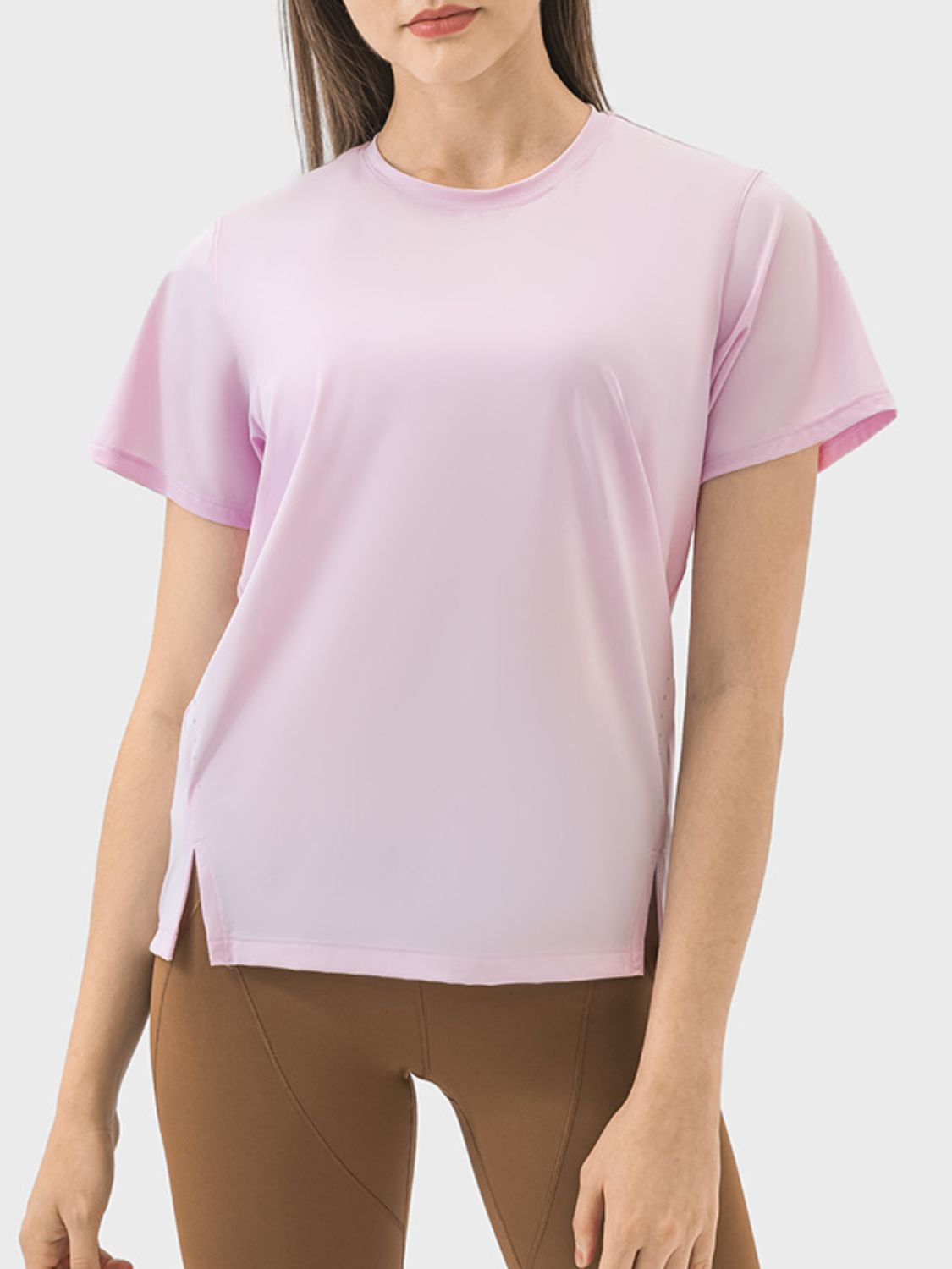 Millennia Slit Round Neck Short Sleeve Active T-Shirt Blush Pink