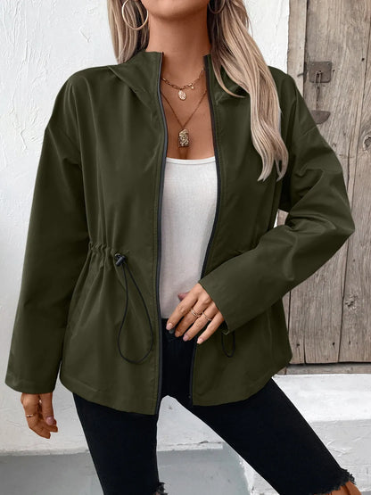 Drawstring Zip Up Hooded Jacket Army Green