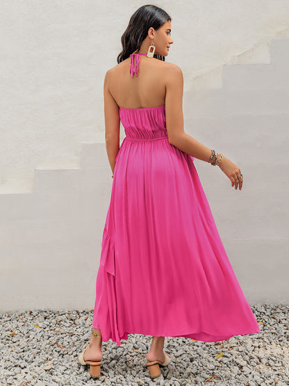 Ruffled Halter Neck Maxi Dress Hot Pink