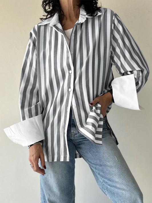 Striped Collared Neck Long Sleeve Shirt Stripe