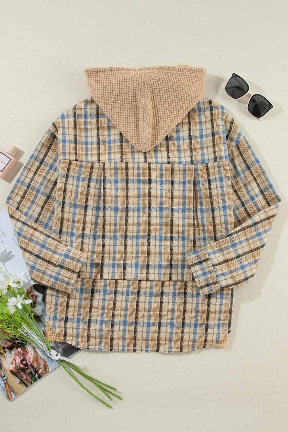 Drawstring Plaid Button Up Hooded Shacket Plaid