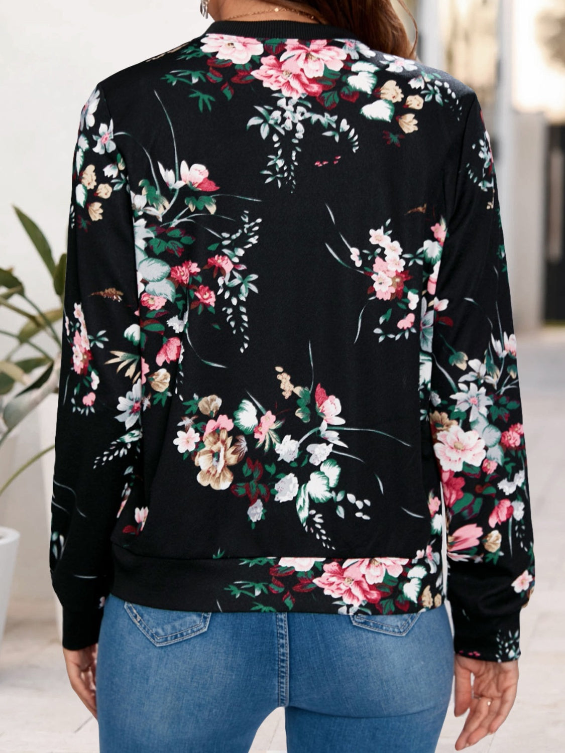 Printed Zip Up Long Sleeve Outerwear Black