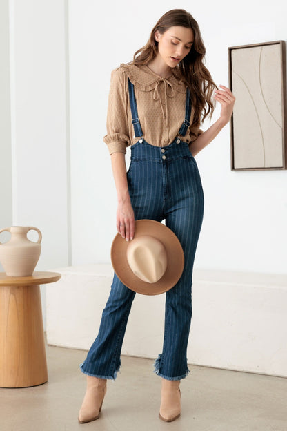 Litz La Striped Stretched Suspender Denim Overalls Dark Denim