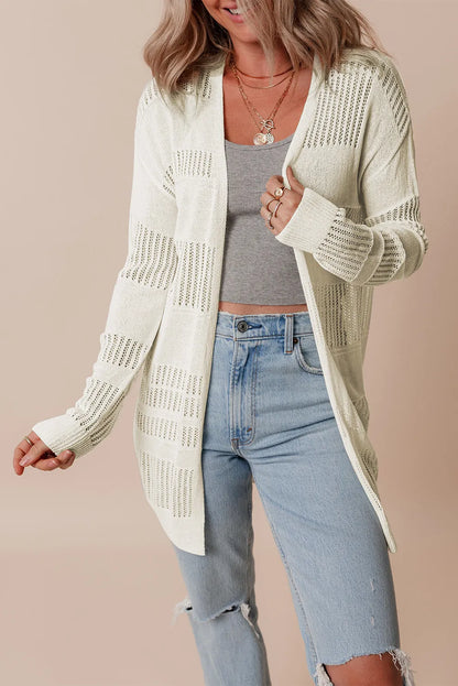 Openwork Open Front Long Sleeve Cardigan Ivory