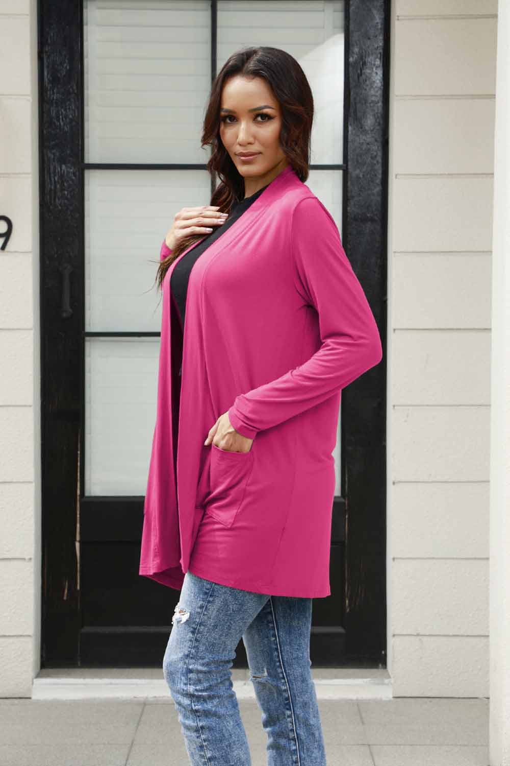 Basic Bae Full Size Open Front Long Sleeve Cardigan with Pockets Hot Pink