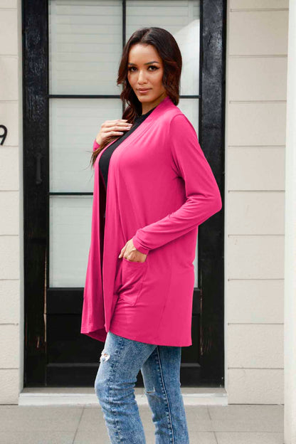 Basic Bae Full Size Open Front Long Sleeve Cardigan with Pockets Hot Pink