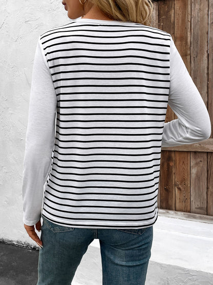 Decorative Button Striped Round Neck Long Sleeve T-Shirt Stripe