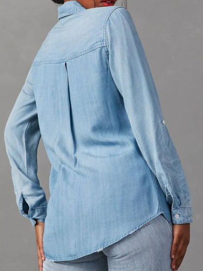 Collared Neck Roll-Tab Sleeve Denim Top Light Blue