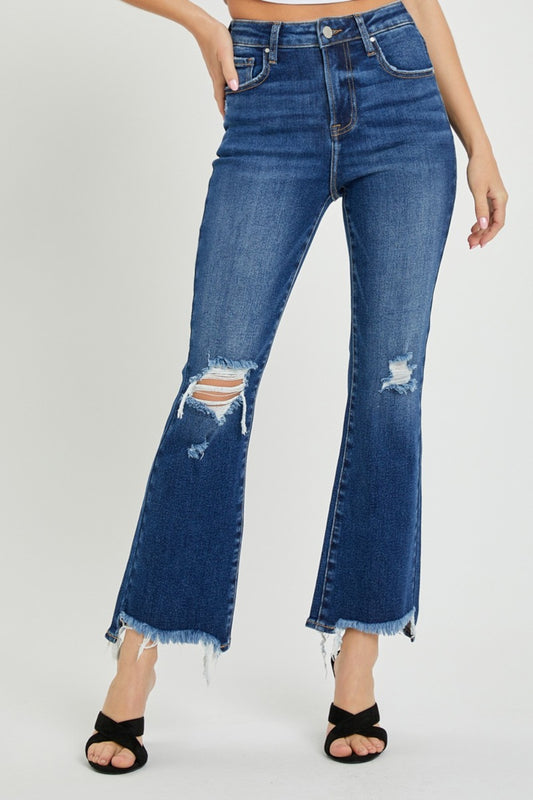 RISEN High Rise Distressed Crop Flare Jeans Dark