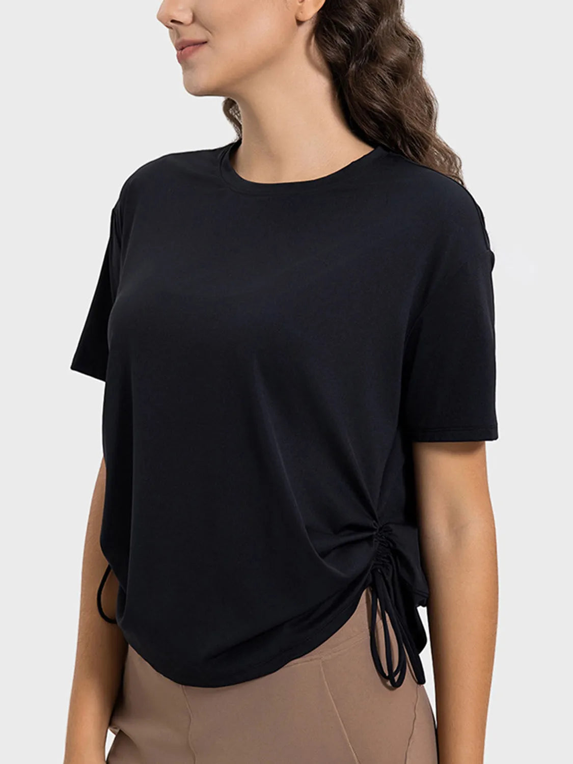 Drawstring Round Neck Short Sleeve Active T-Shirt Black