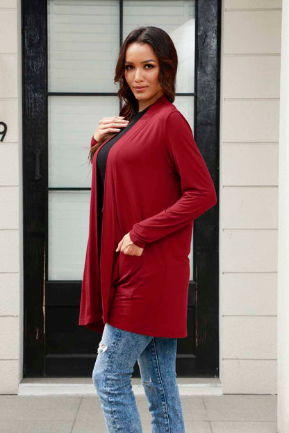 Basic Bae Full Size Open Front Long Sleeve Cardigan with Pockets Deep Red