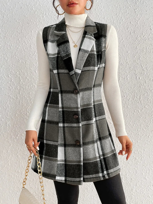 Plaid Button Up Vest Coat Black