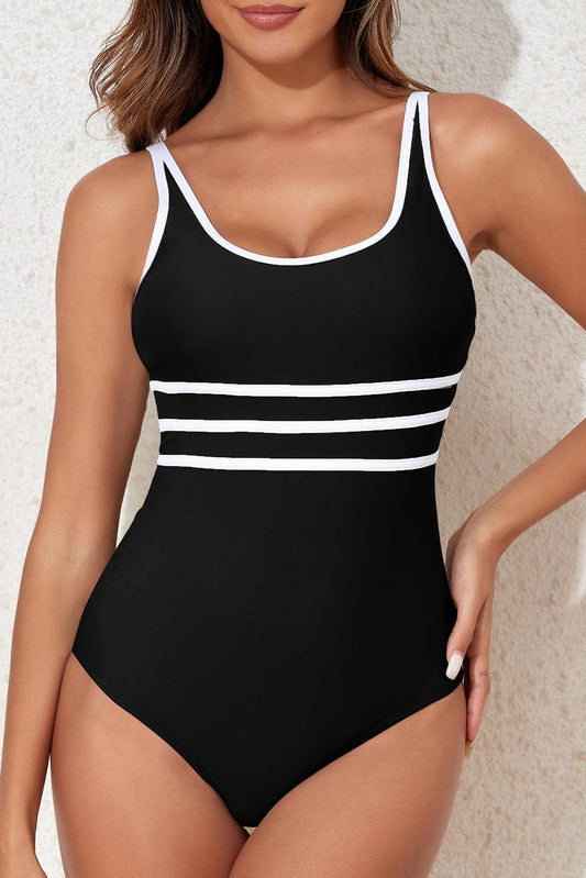 Contrast Trim Scoop Neck One-Piece Swimwear Black