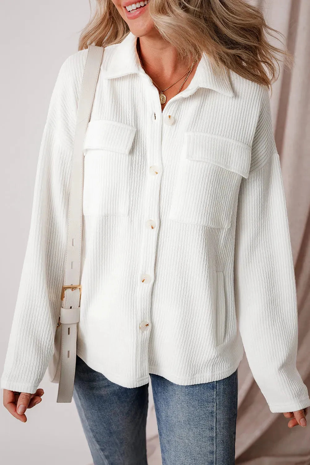 Button Up Long Sleeve Shacket White