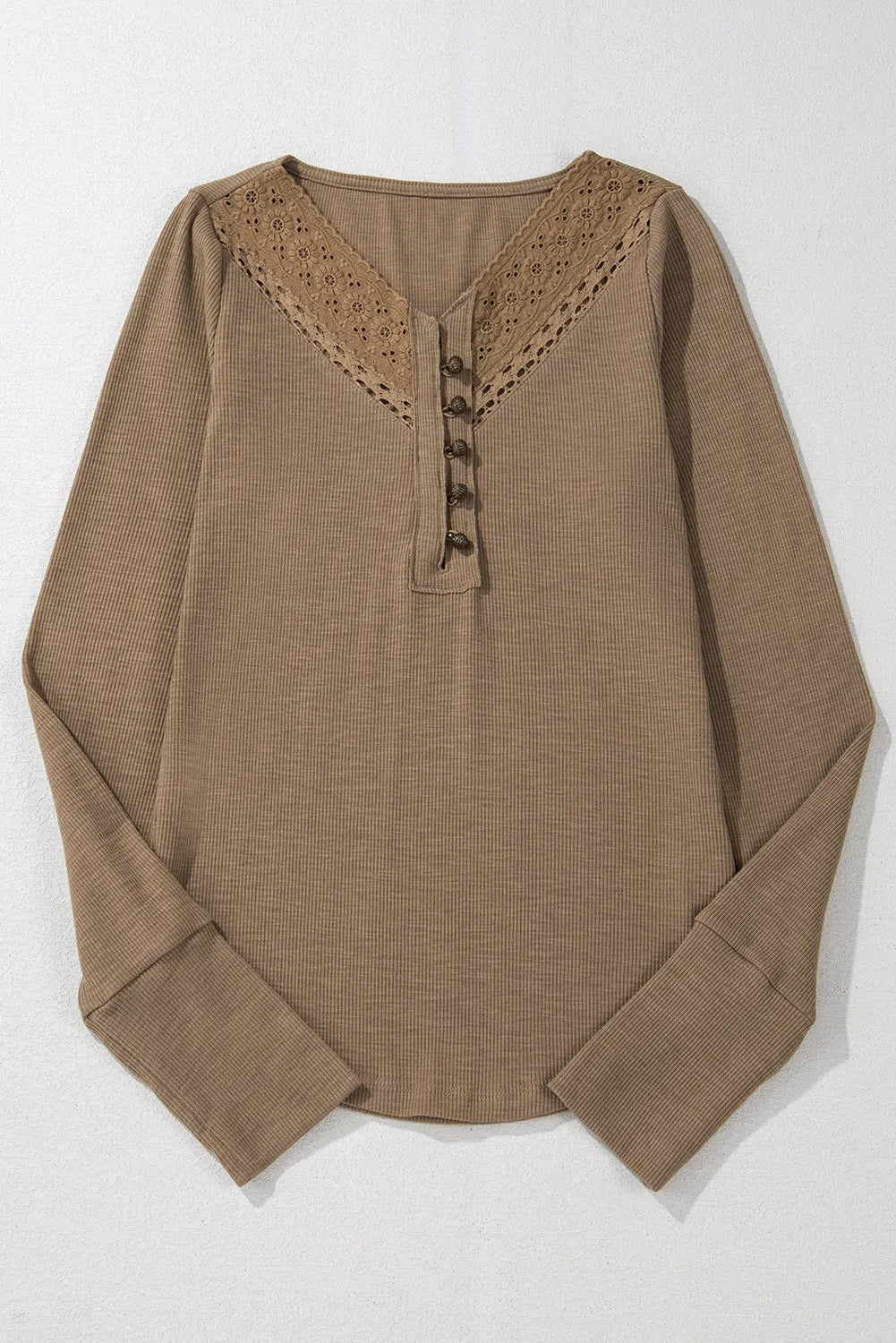 Eyelet V-Neck Long Sleeve Top Coffee Brown